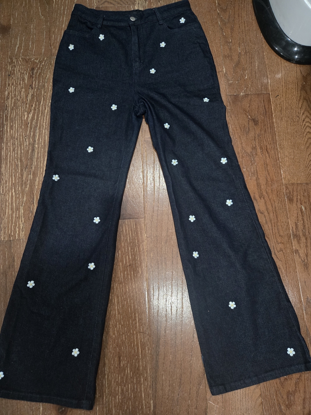 Blue Blush Dark Blue Flare Jeans with White Daisy Embroidery, Medium